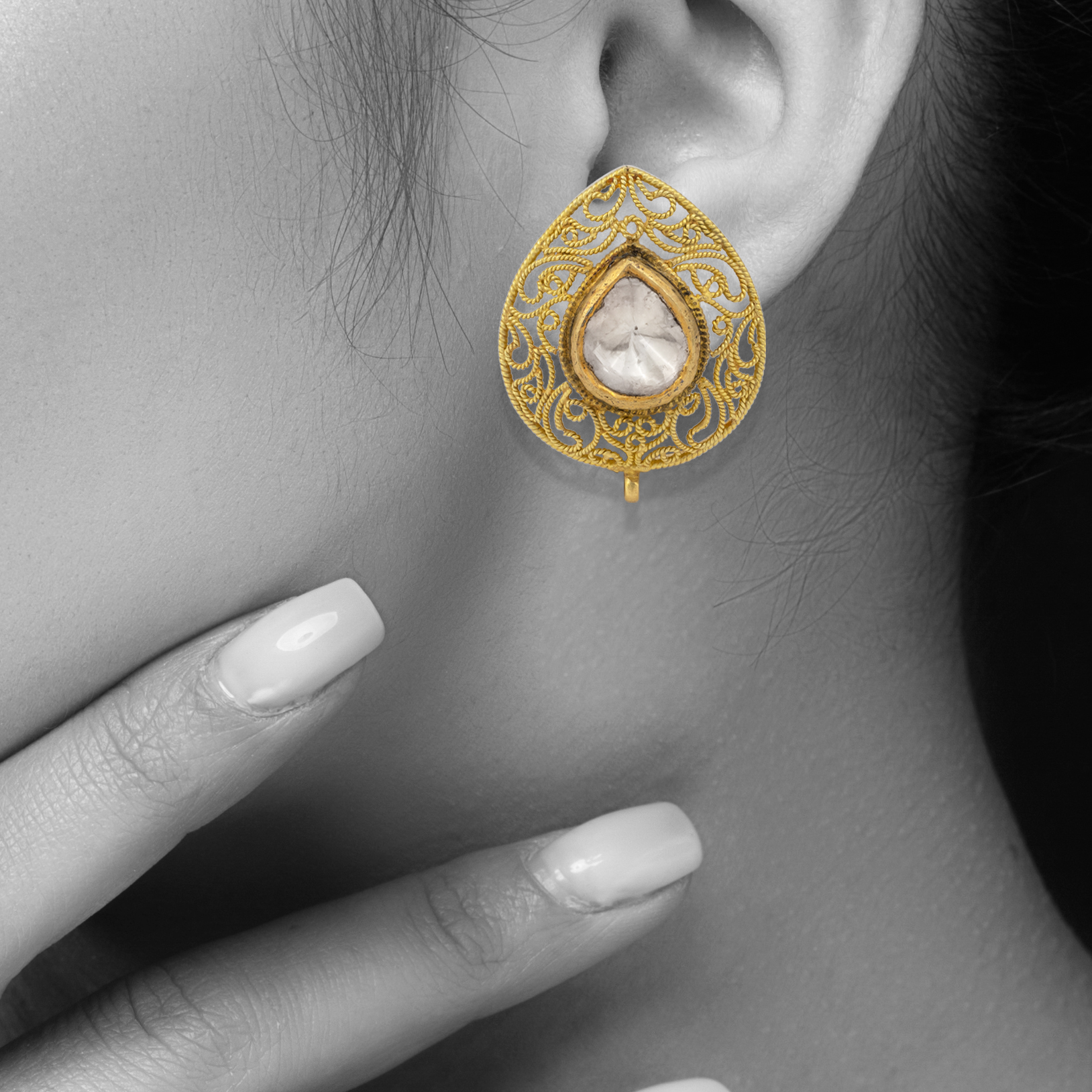 Gold Filigree Polki Stud Earrings
